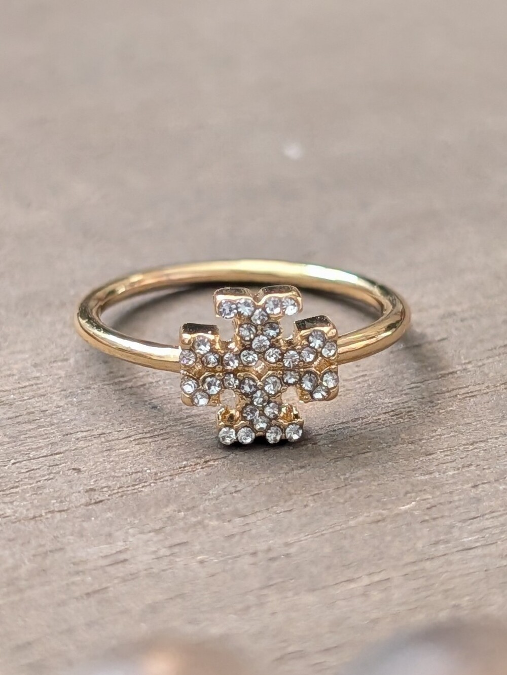 TORY BURCH Miller Pave Double T Logo Delicate Ring Size 8